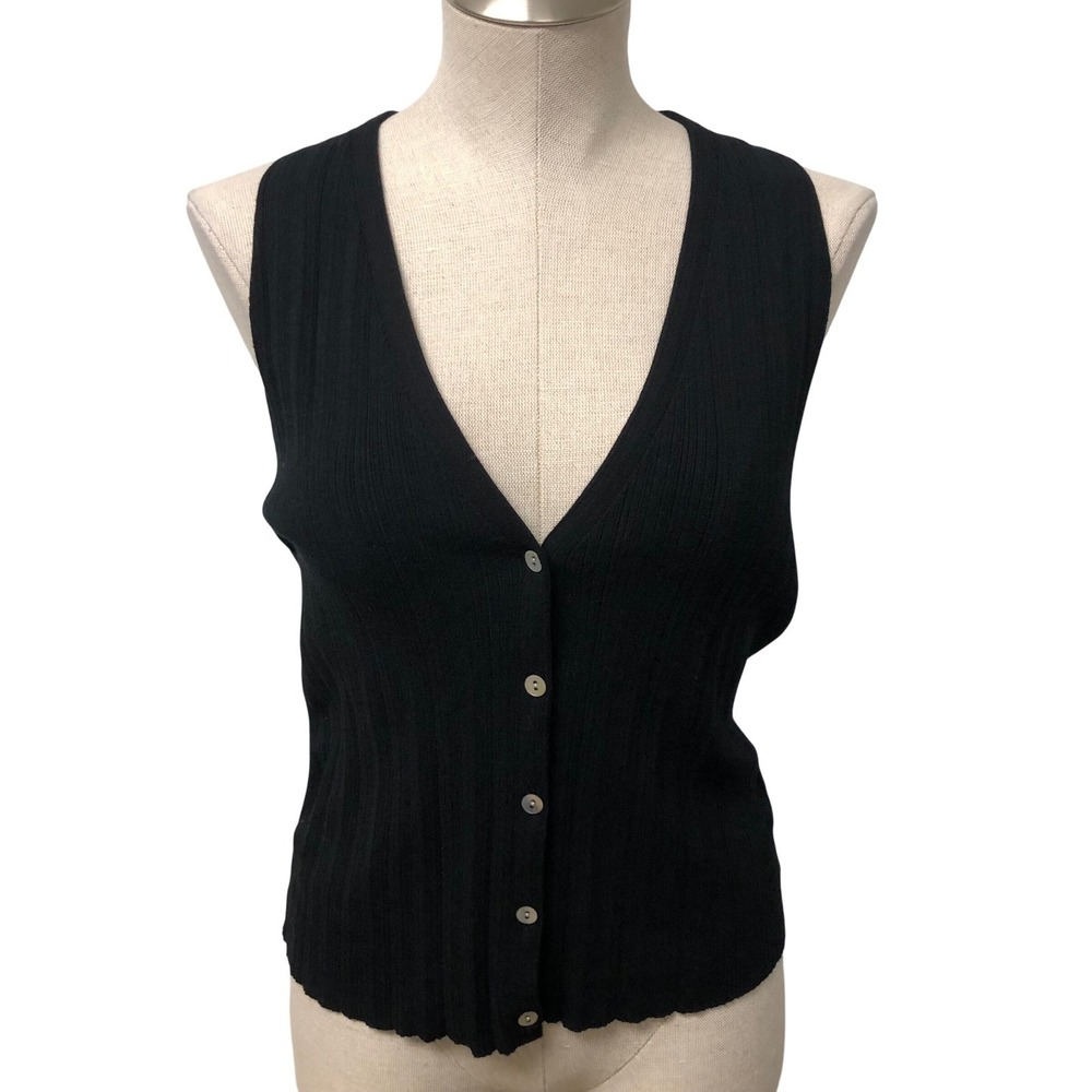 Vince Ribbed Knit Vest Women Medium Black V-Neck Button Front Preppy Academia